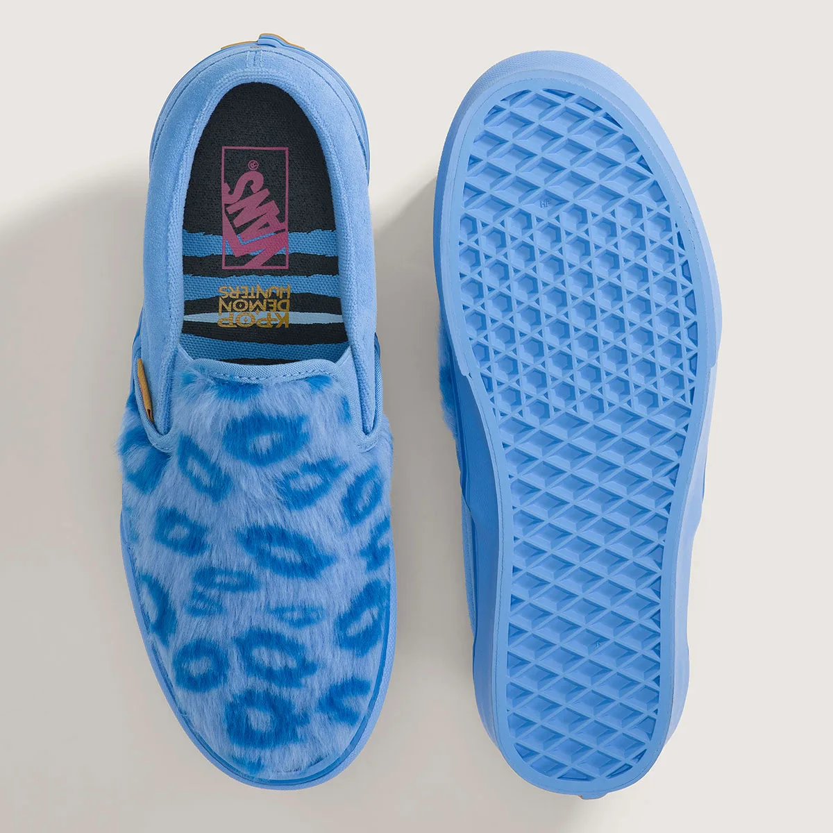 top-down pair with blue outsole, faux-fur leopard print upper and striped insole, Demon Hunters Collection