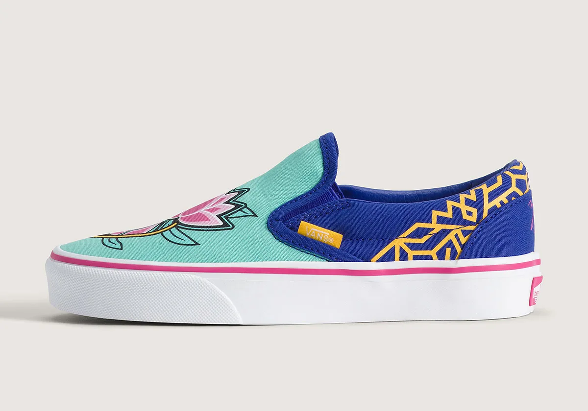 lateral view, mint slip-on with pink lotus flower graphic and blue heel panel, Demon Hunters Collection