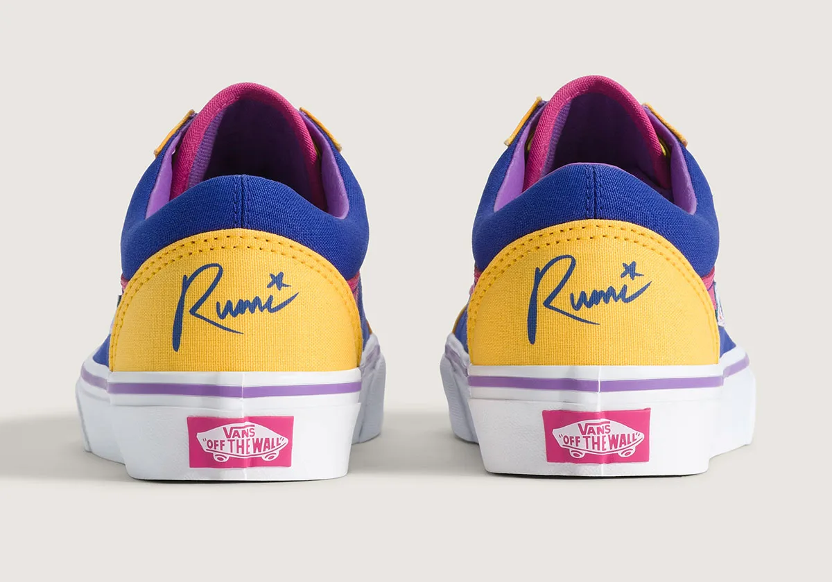 heel view, pair of blue/yellow old skool sneakers with pink 'Rumi' signature script, Demon Hunters Collection