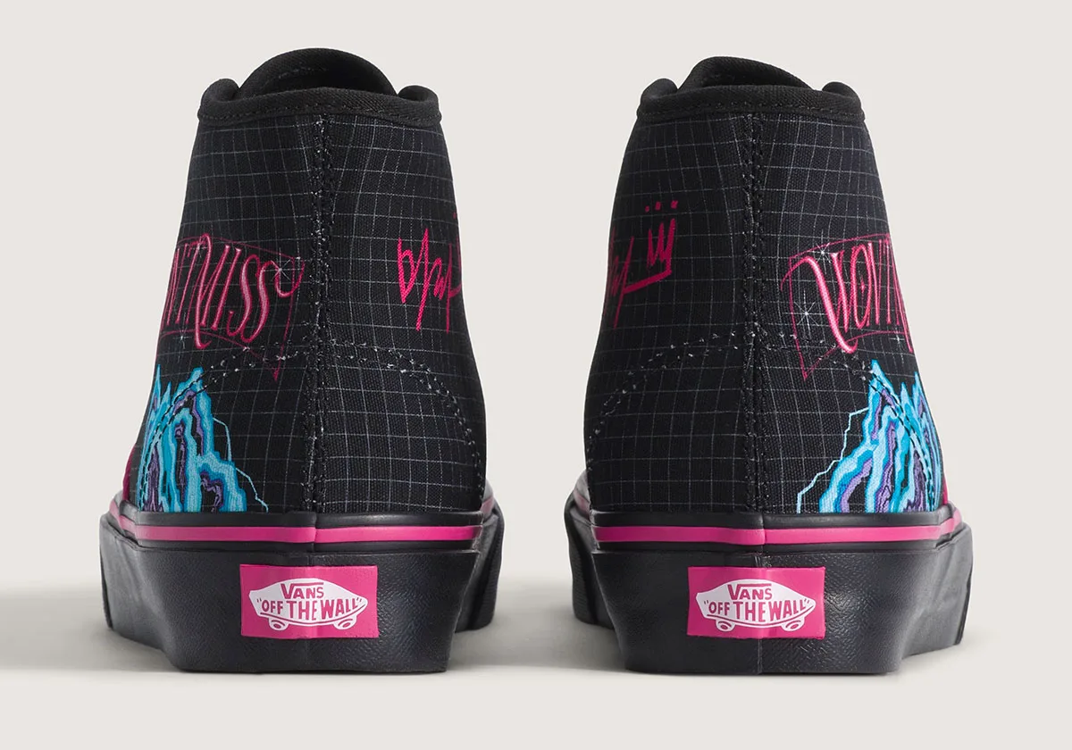 heel view, pair of black grid high-tops with pink text and blue mountain graphic, Demon Hunters Collection