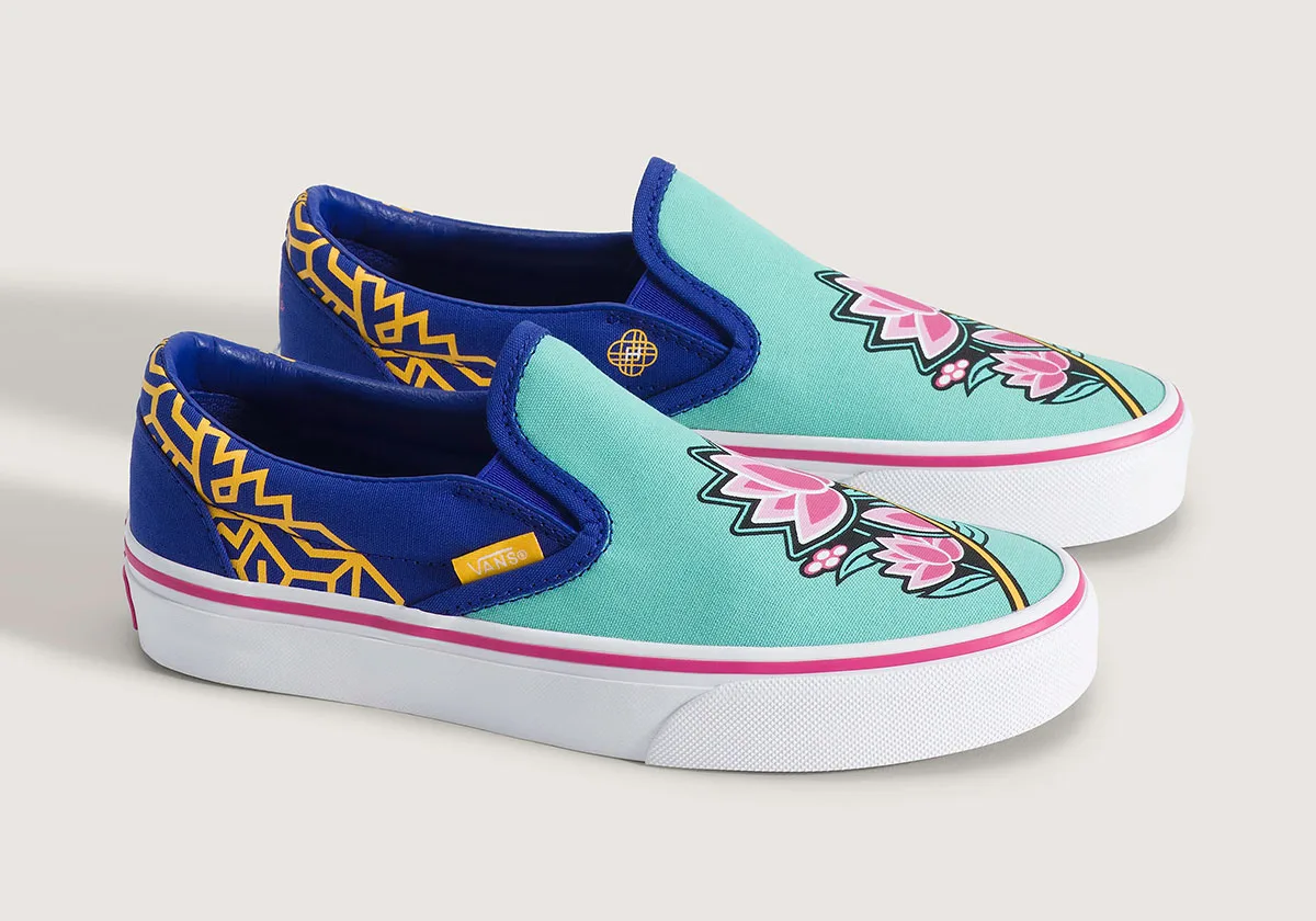 angled pair view, mint slip-ons with pink lotus graphic and blue patterned heel, Demon Hunters Collection