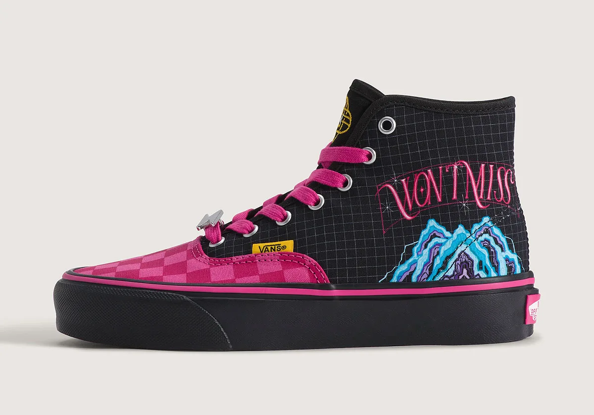 lateral view, black grid high-top with pink checkerboard toe and mountain graphic, Vans x KPop Demon Hunters Collection