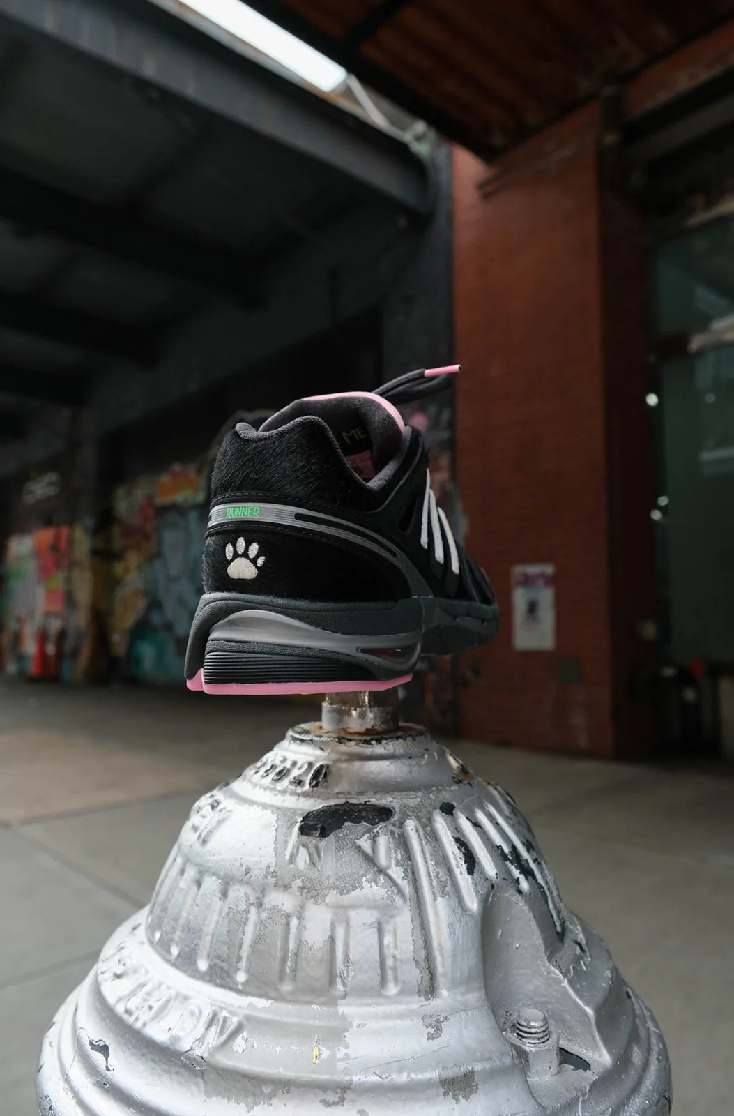 heel view balanced on hydrant, pink outsole, paw print, dim warehouse interior, Doggy Runner