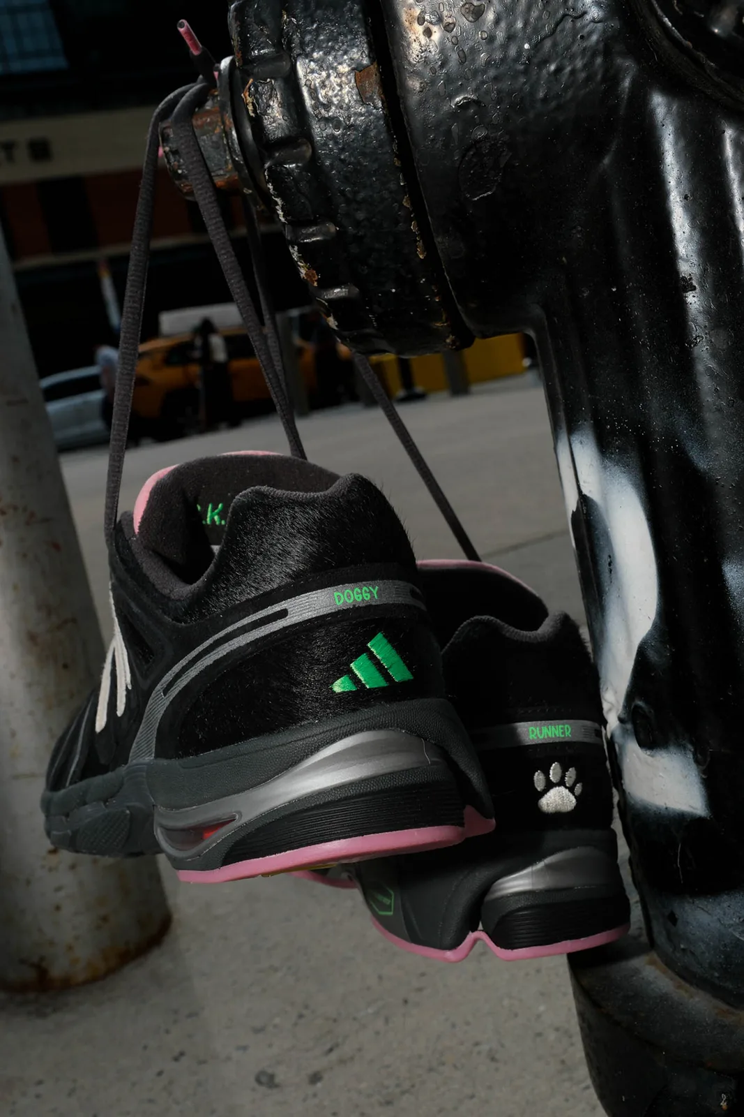 heel close-up hanging by laces, green stripes, 'doggy' and 'runner' text, paw print, Doggy Runner