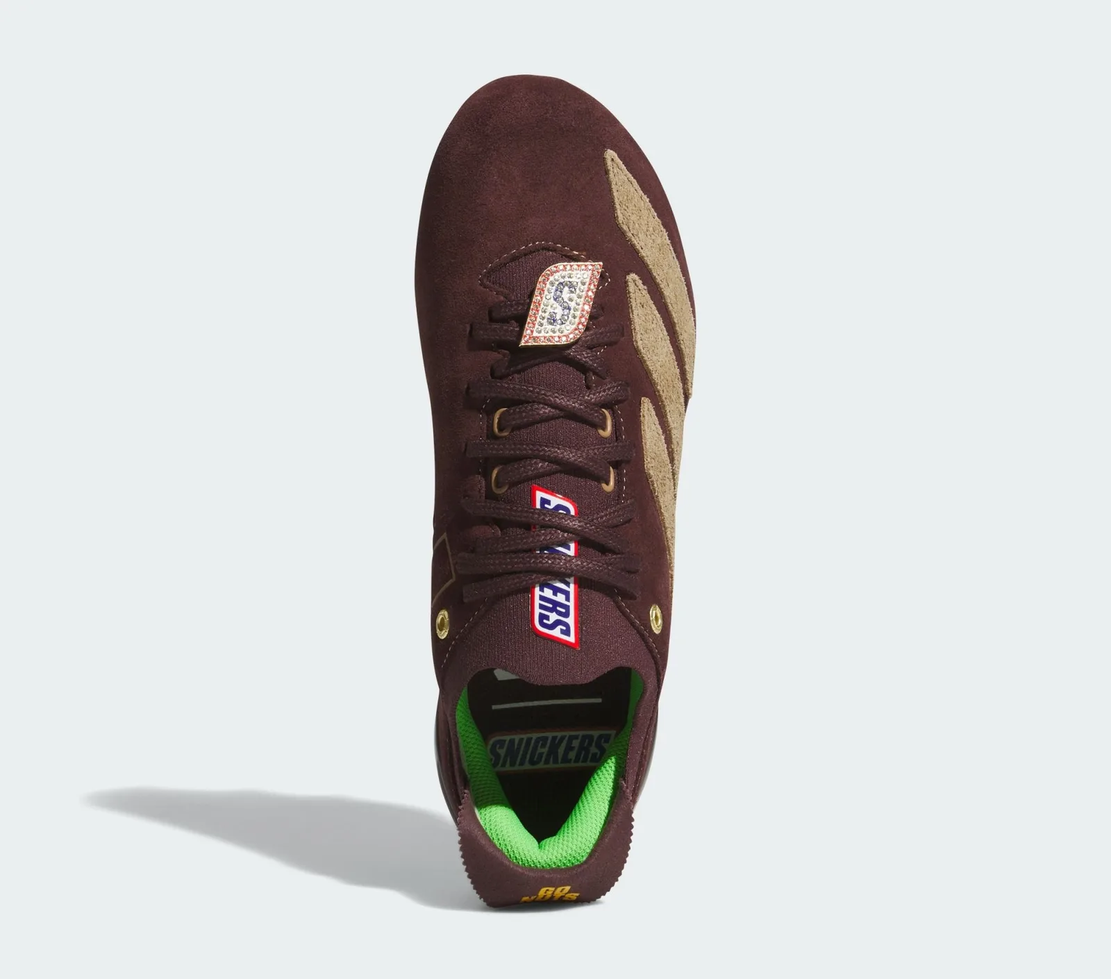 top-down view, tan stripes, green lining and diamond S charm on tongue, II x Snickers