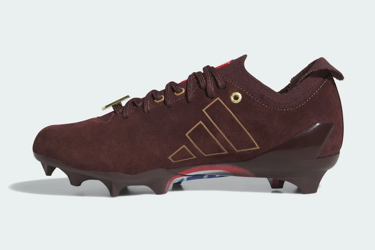 medial view, maroon suede with gold-outlined stripes, no fill color, II x Snickers