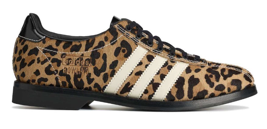lateral view, leopard-print pony hair upper with cream stripes and black heel patch, Dead Bowling Shoe