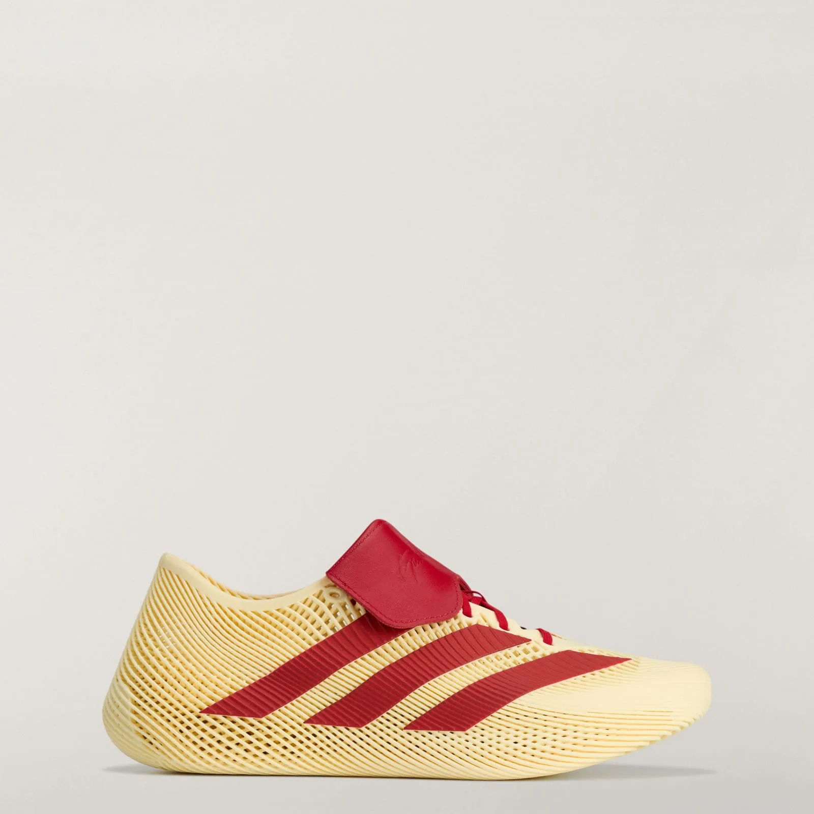 lateral view, cream mesh upper with red three-stripe and red heel tab, Collegiate Red