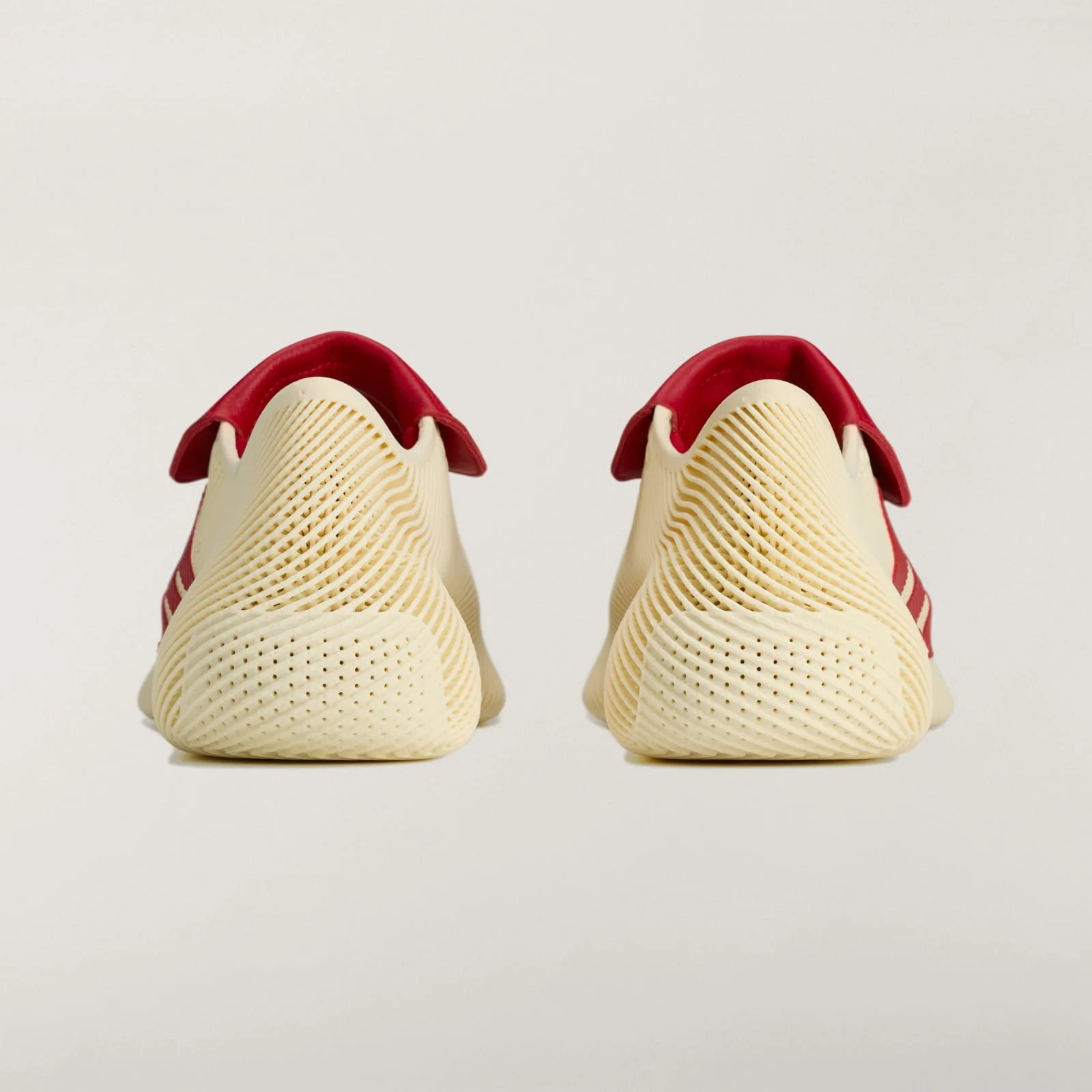 heel view of pair, red leather heel tabs above ribbed cream midsoles, Collegiate Red
