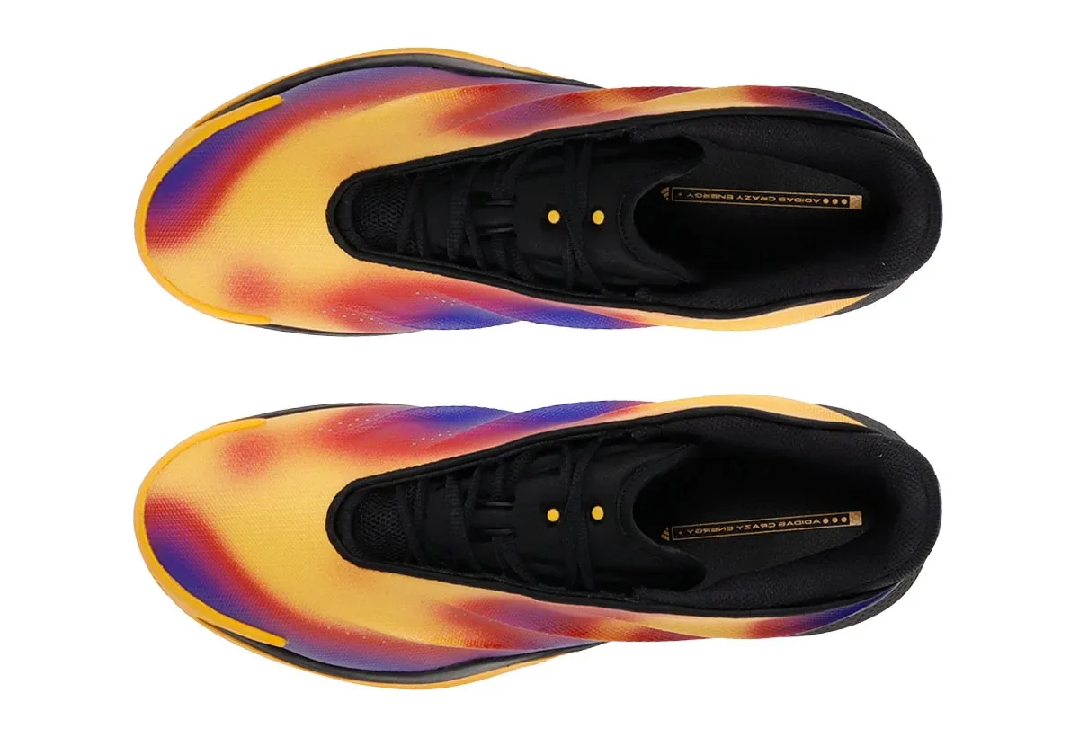 top-down pair, gradient yellow-red-purple upper with black tongue text on insole, adidas Crazy Energy