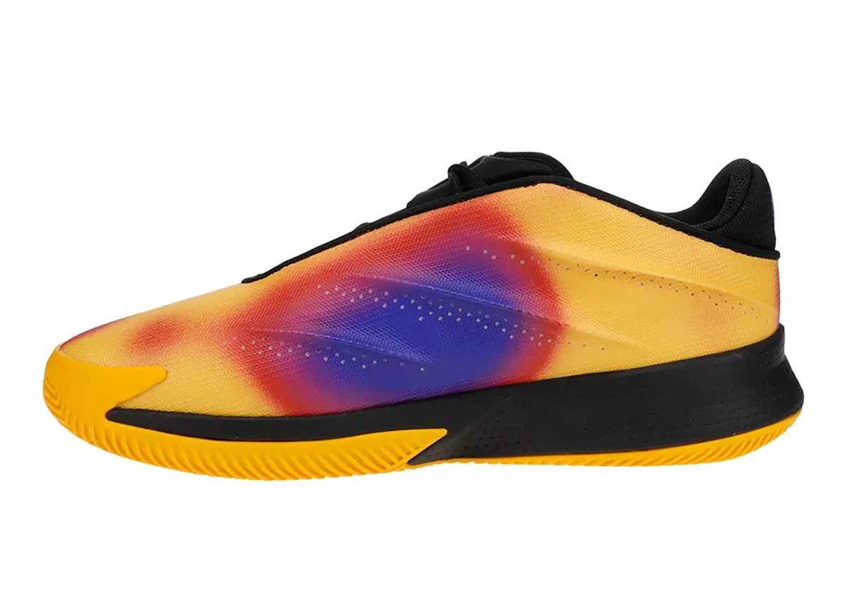 lateral view, sunburst yellow-red-purple gradient upper with black heel and midsole, adidas Crazy Energy