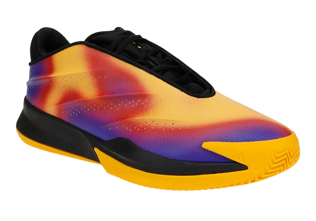 medial-angled view, yellow-red-purple gradient upper with black laces and yellow toe cap, adidas Crazy Energy