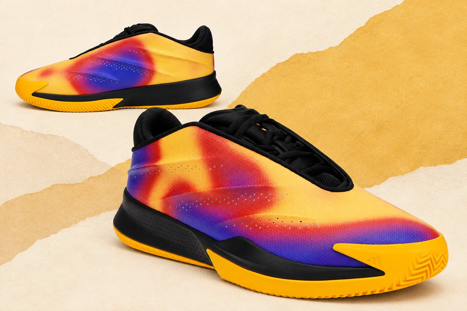 pair lateral view, yellow-to-purple tie-dye upper with black heel and yellow outsole, adidas Crazy Energy