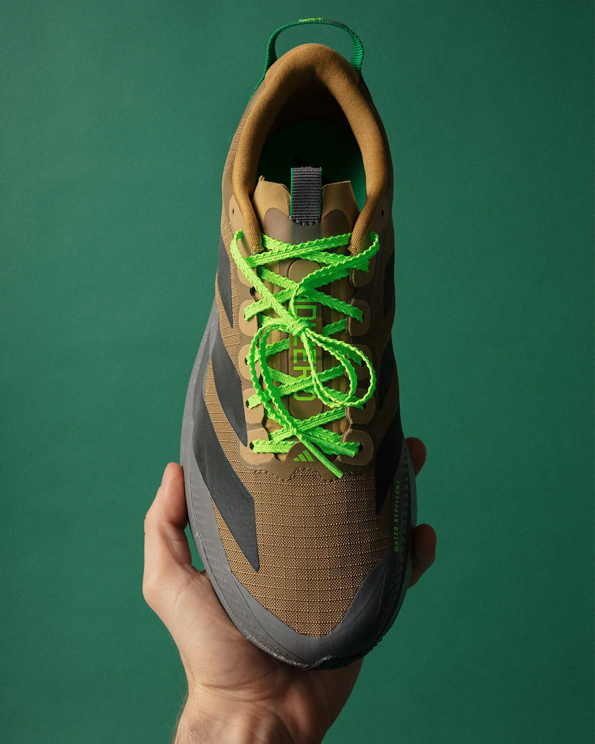 top-down toe view in hand, brown collar, crossed neon green laces, x Up There