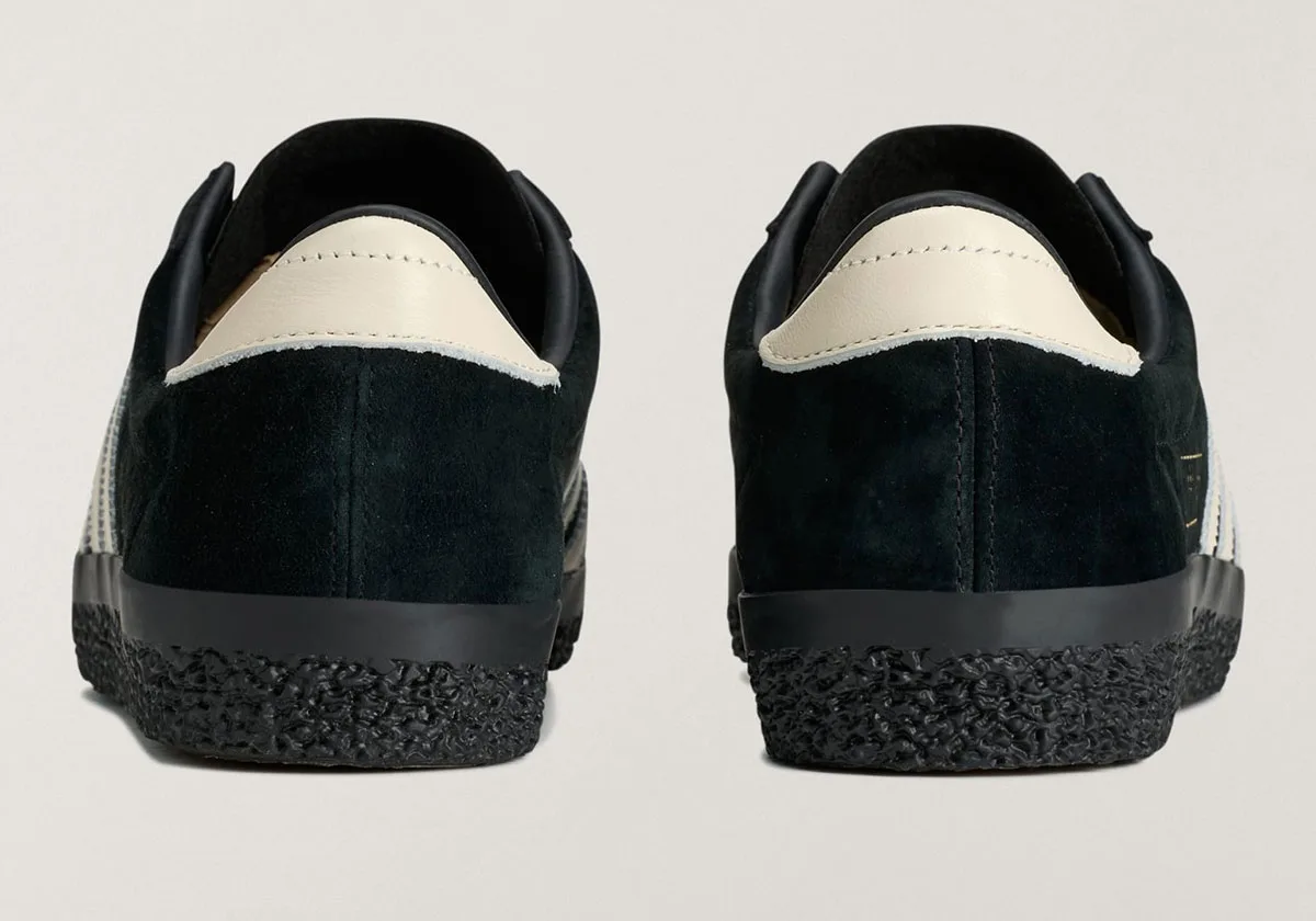 heel view of pair, black suede with cream leather pull tabs, crepe soles, Gazelle SPZL FC