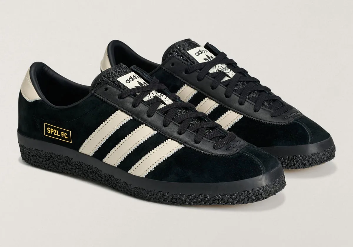 pair shown at an angle, black suede uppers, cream stripes, textured crepe soles, Gazelle SPZL FC