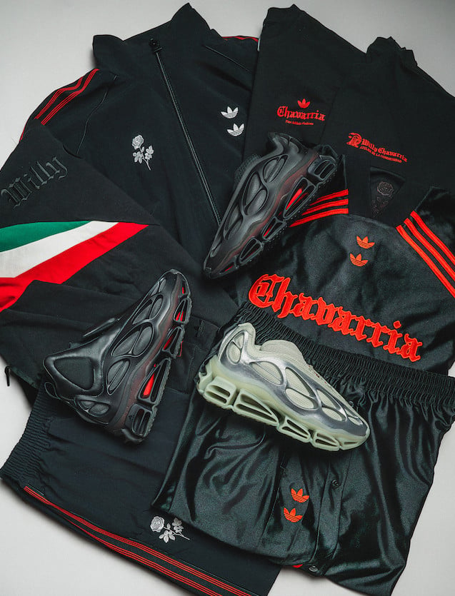 flat lay of black tracksuit with red adidas stripes and red Chavarria script logo, Willy Mega Mid)
