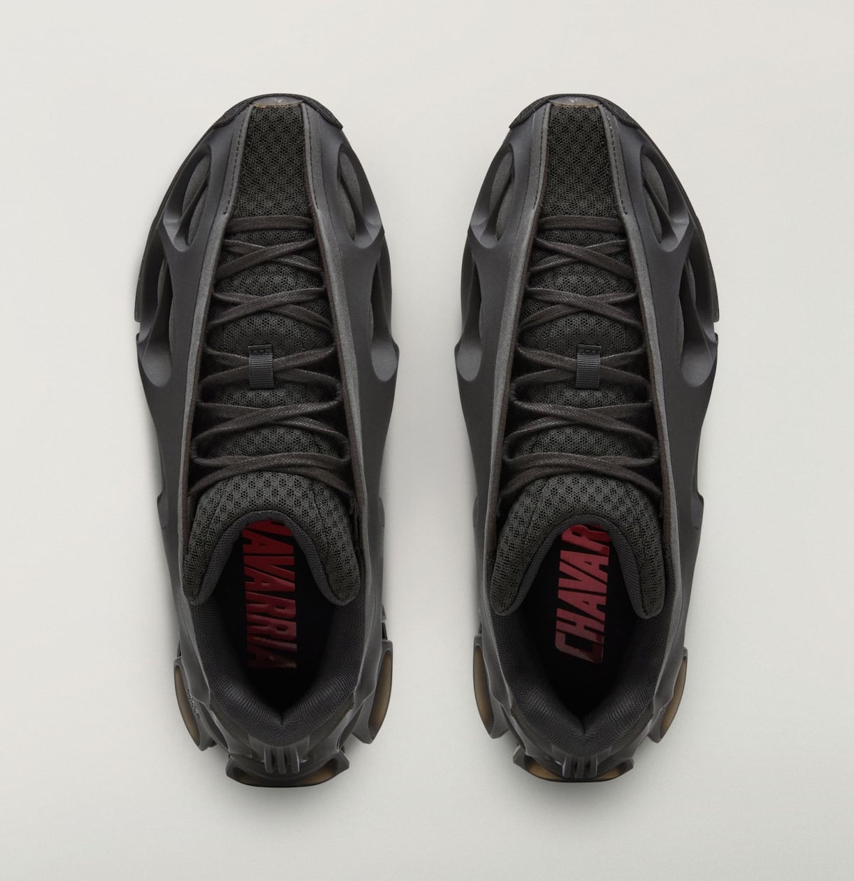 top-down view of pair, black mesh tongue with red Chavarria text on insole, Willy Mega Mid)