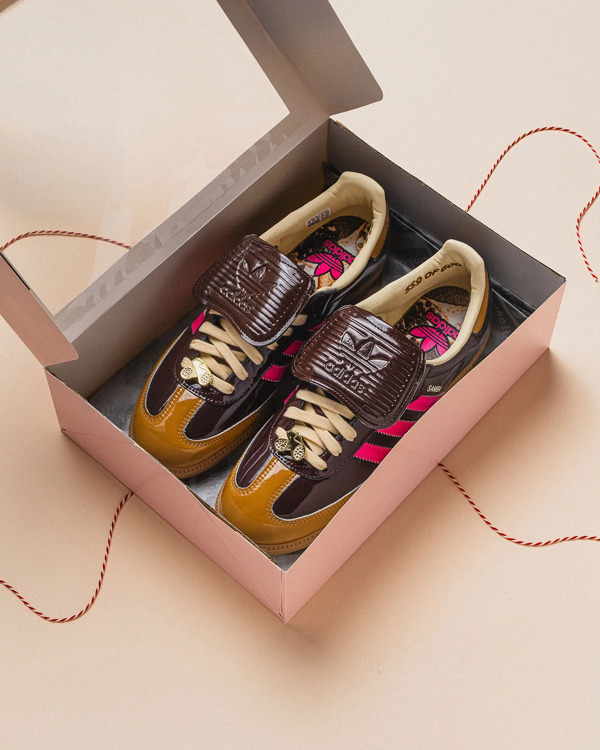 top-down pair in open pink shoebox with brown mudguard flaps folded down, Cannoli