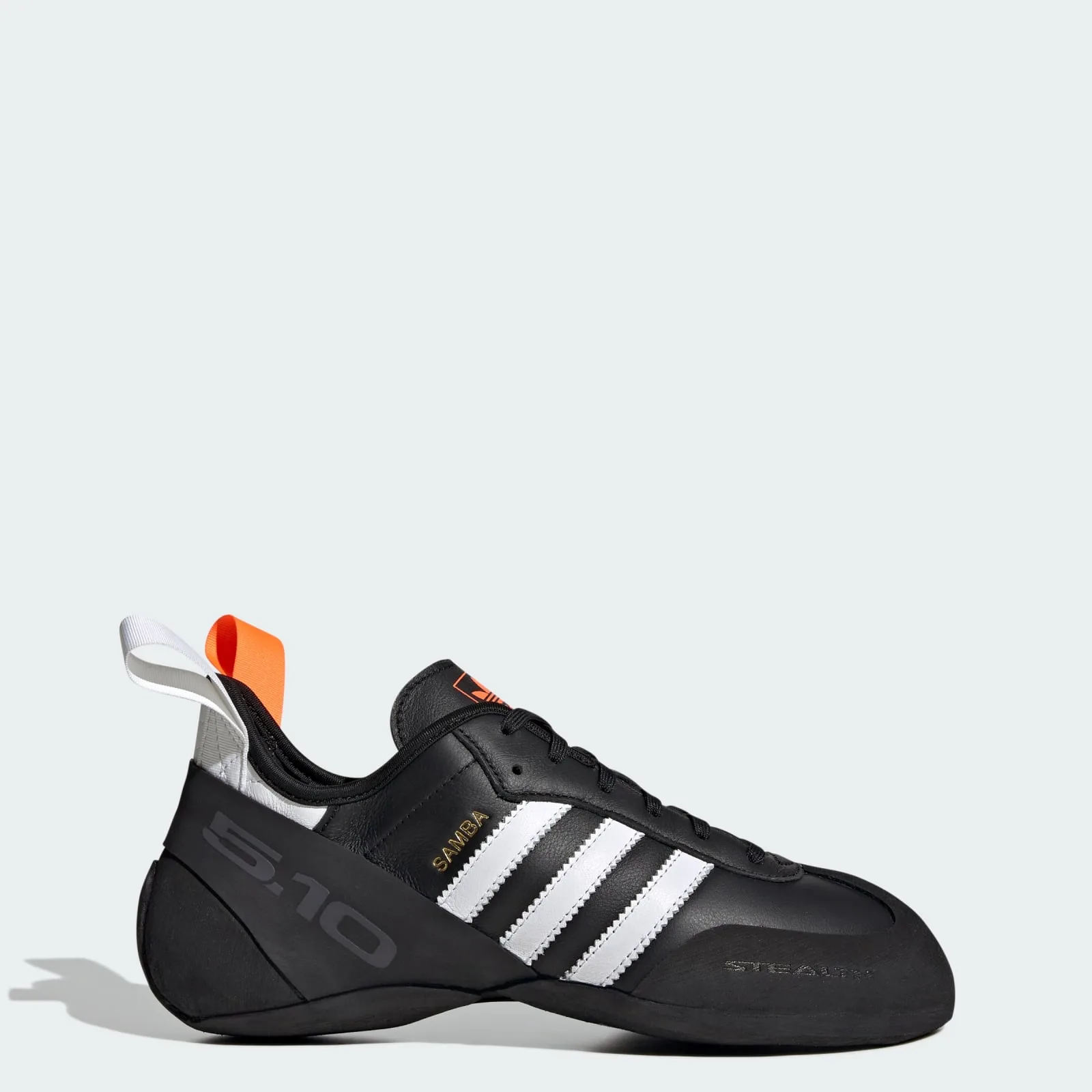 full lateral view with gold samba text, 5.10 heel branding and stealth logo, Samba Climbing Shoe
