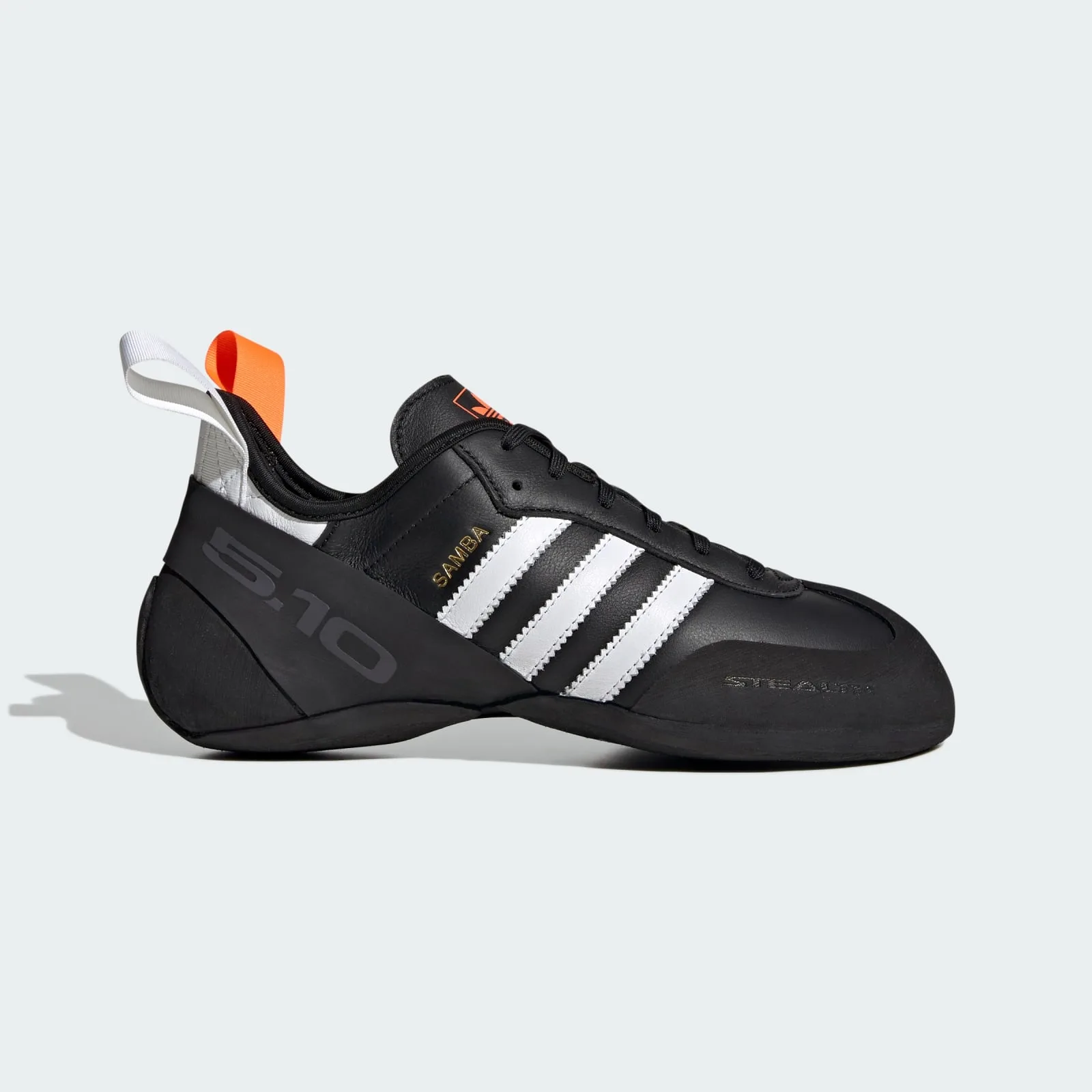 lateral view showing gold samba text, grey 5.10 logo and stealth toe cap, Samba Climbing Shoe