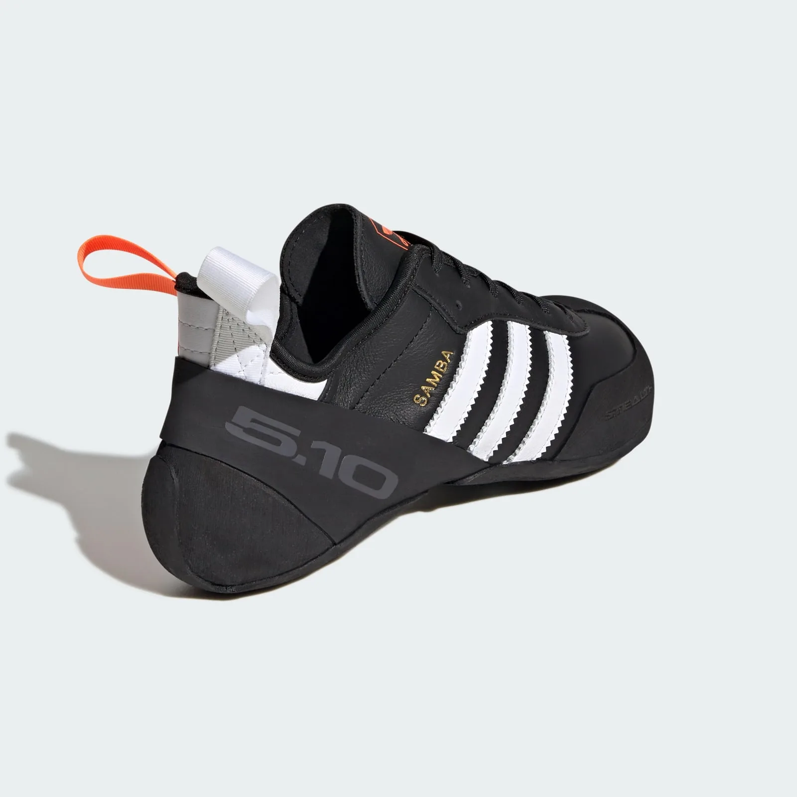 rear three-quarter view, 5.10 heel text, gold samba branding and pull tabs, Samba Climbing Shoe