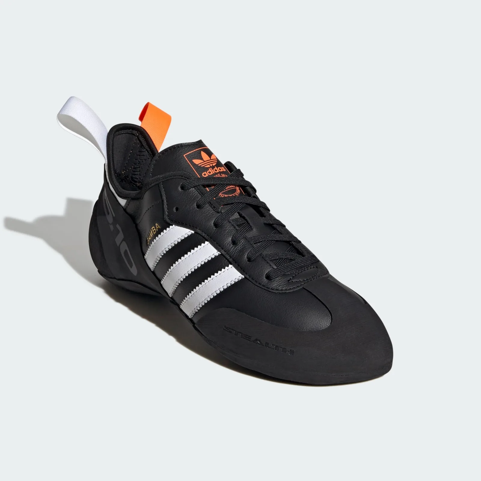 three-quarter toe view, orange trefoil tongue logo and white pull tabs, Samba Climbing Shoe
