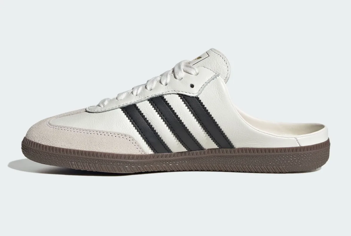 medial side view, white leather with black stripes and open mule heel, adidas Samba Mule