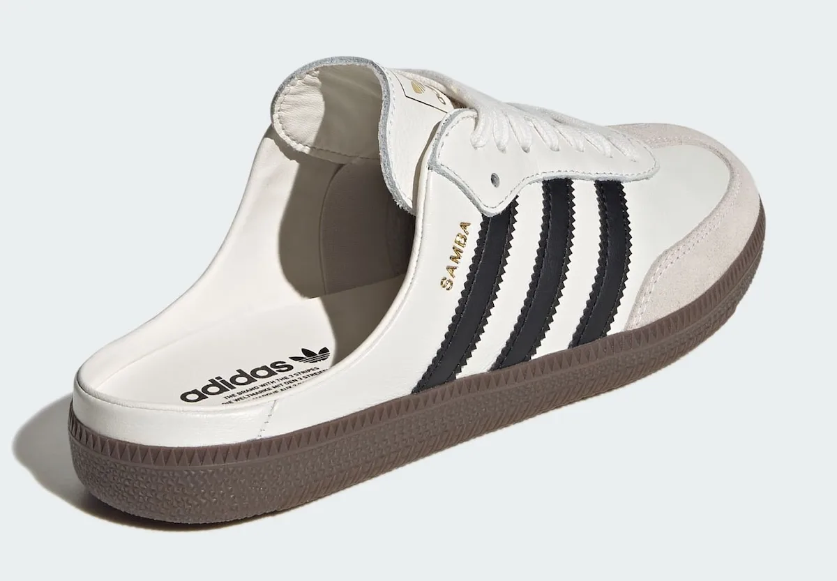 heel angle view showing open backless mule design and adidas insole text, adidas Samba Mule