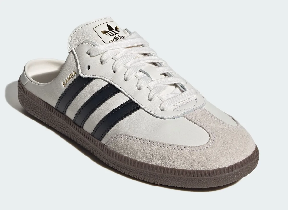 angled front view showing gold Samba text and adidas trefoil on tongue, adidas Samba Mule