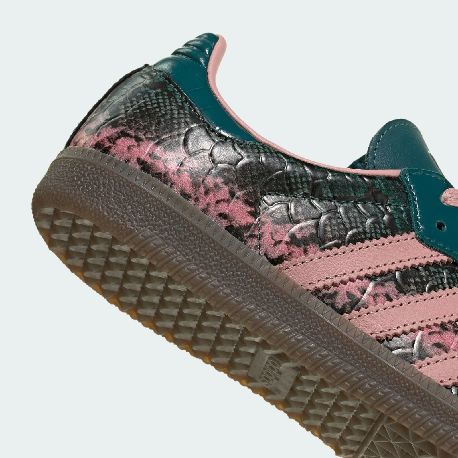 close-up of heel and toe, teal patent leather over pink-black snakeskin texture, Teal Snakeskin