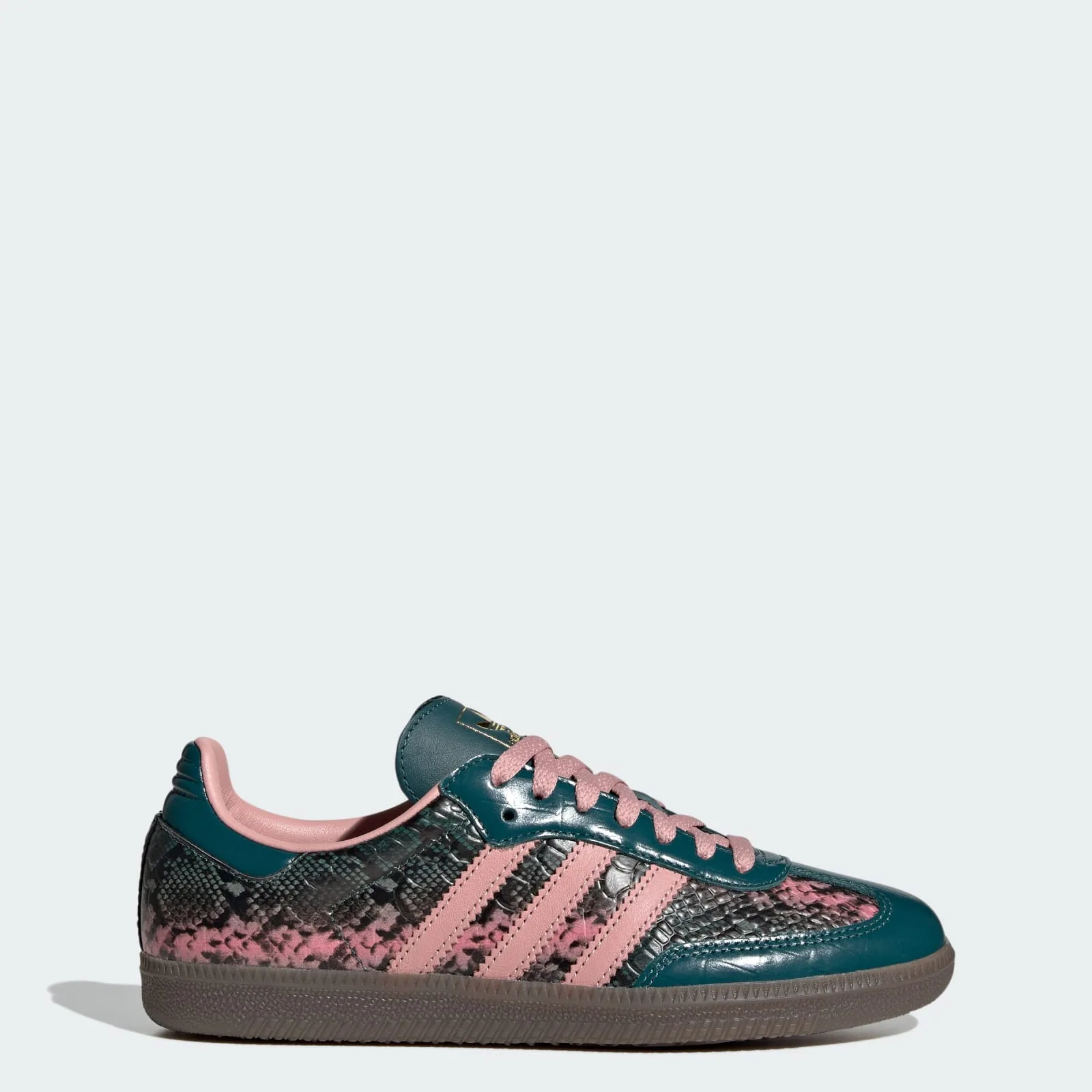 lateral view, full teal and snakeskin upper with pink accents and gum sole, Teal Snakeskin