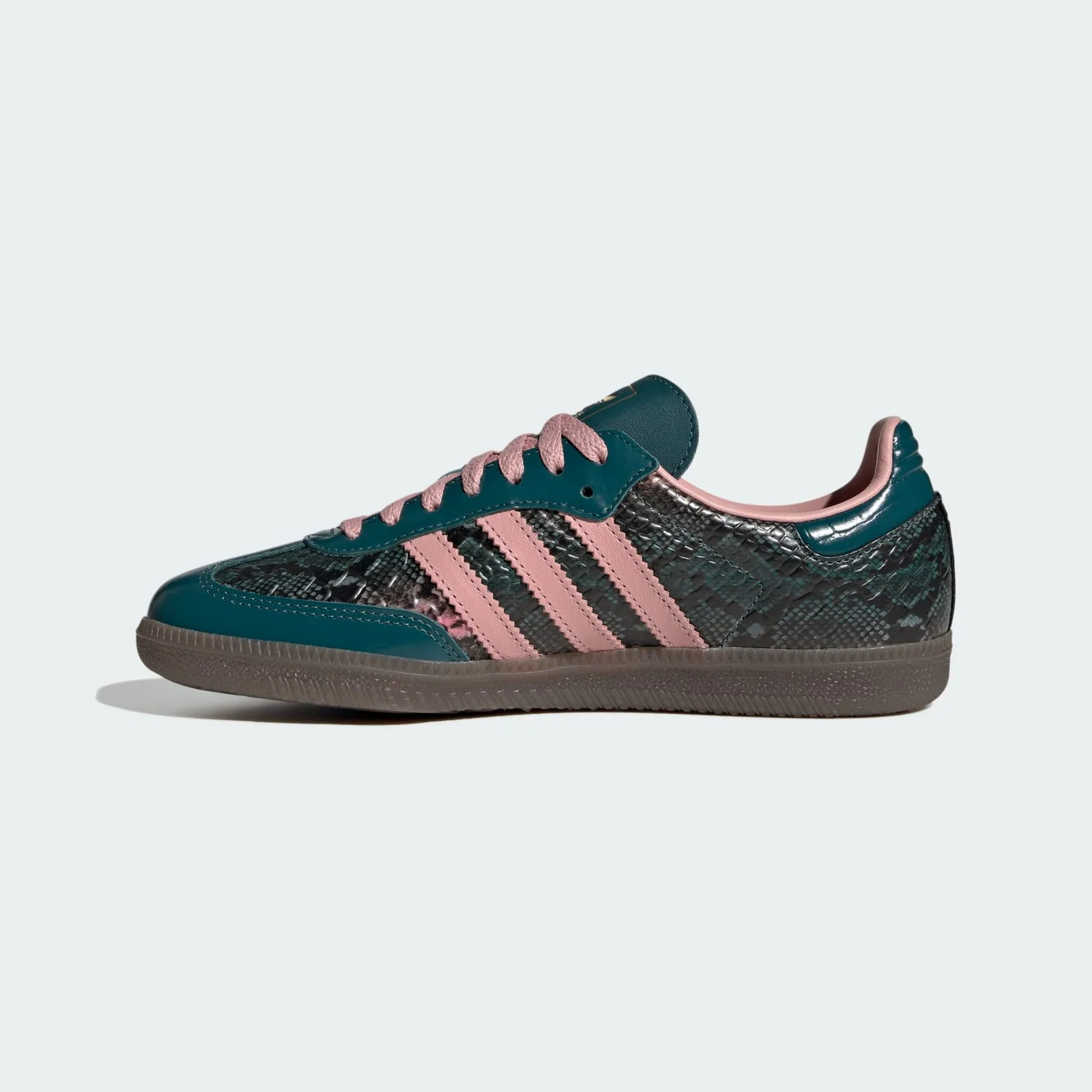 medial side view, teal panels, pink three-stripes and gum outsole, Teal Snakeskin