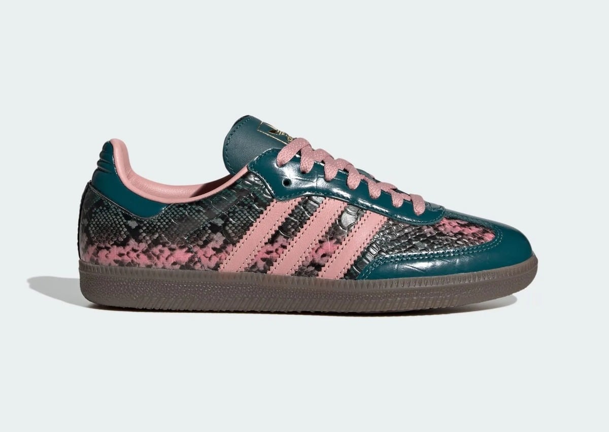 lateral view, teal leather overlays with grey-pink snakeskin print and pink stripes, adidas Samba "Teal Snakeskin"