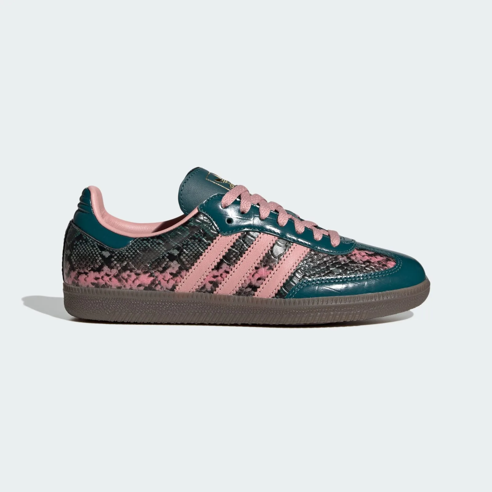 lateral view, teal patent toe and heel with snakeskin panels and pink laces, Teal Snakeskin