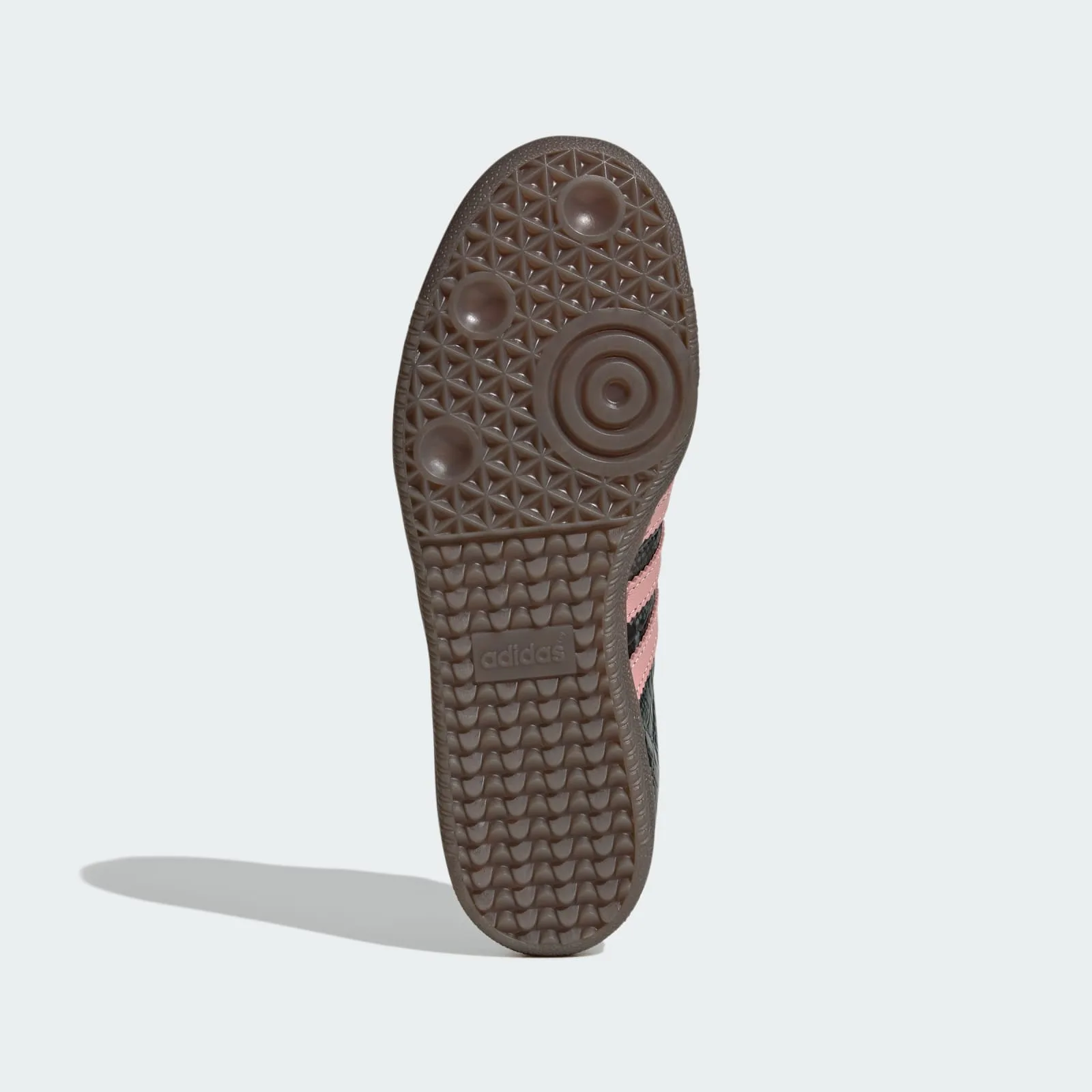 outsole view, brown gum sole with adidas branding and circular tread pattern, Teal Snakeskin