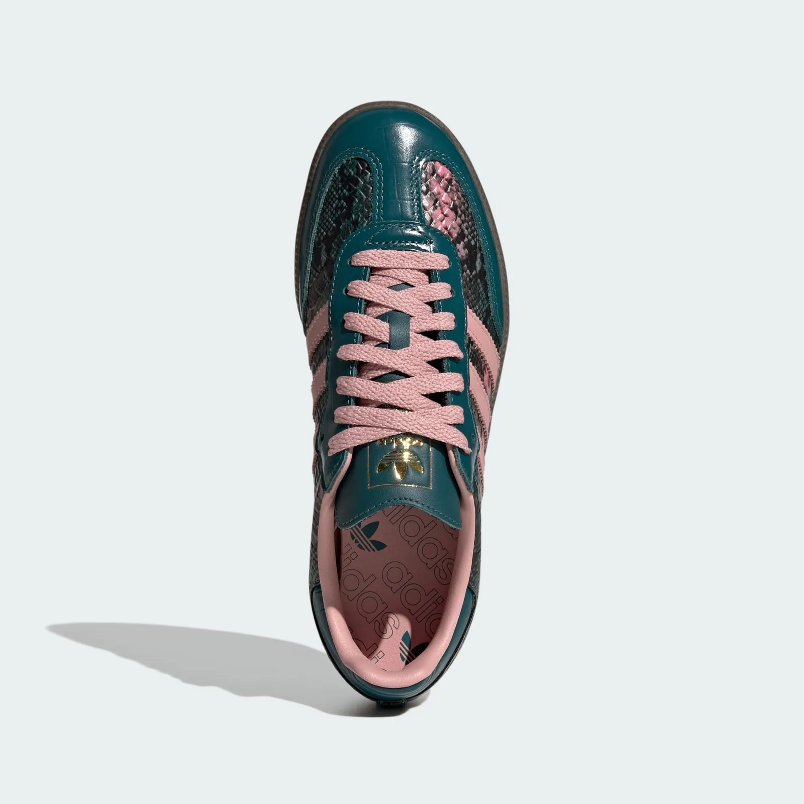 top-down view, pink laces and gold heel branding on teal tongue, Teal Snakeskin