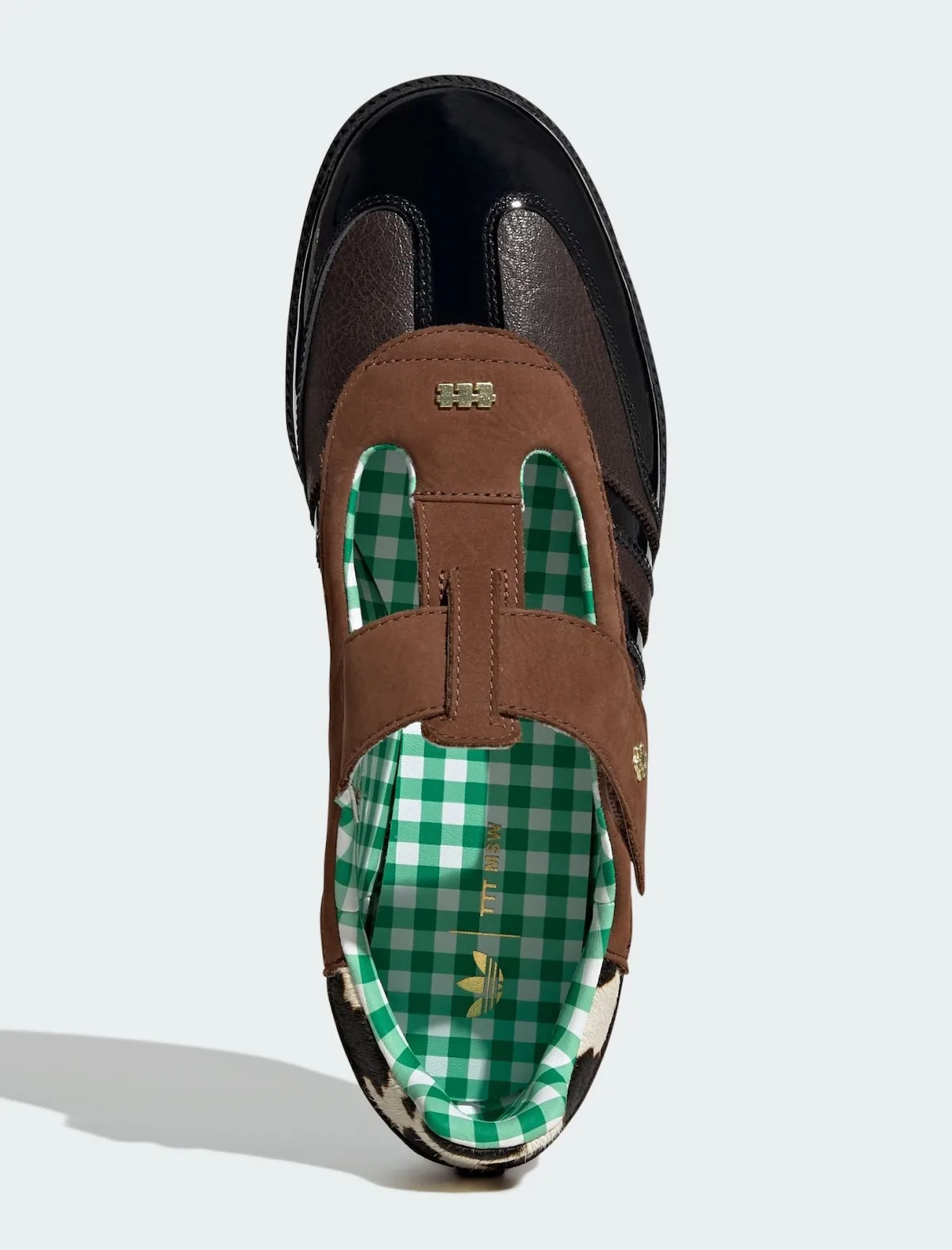 top-down view, brown strap over black patent toe, cow-print toe panel, x TTT MSW
