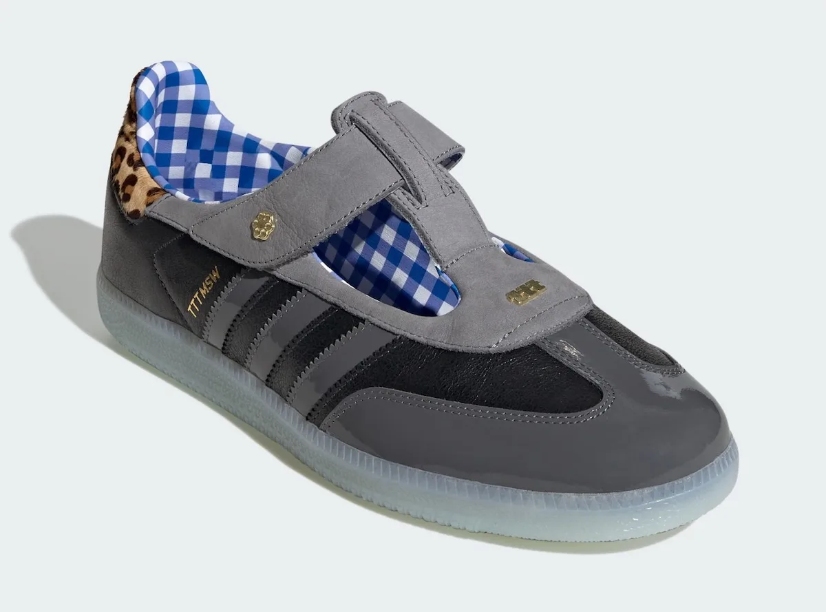 front three-quarter view, grey strap over black patent toe, leopard heel, x TTT MSW