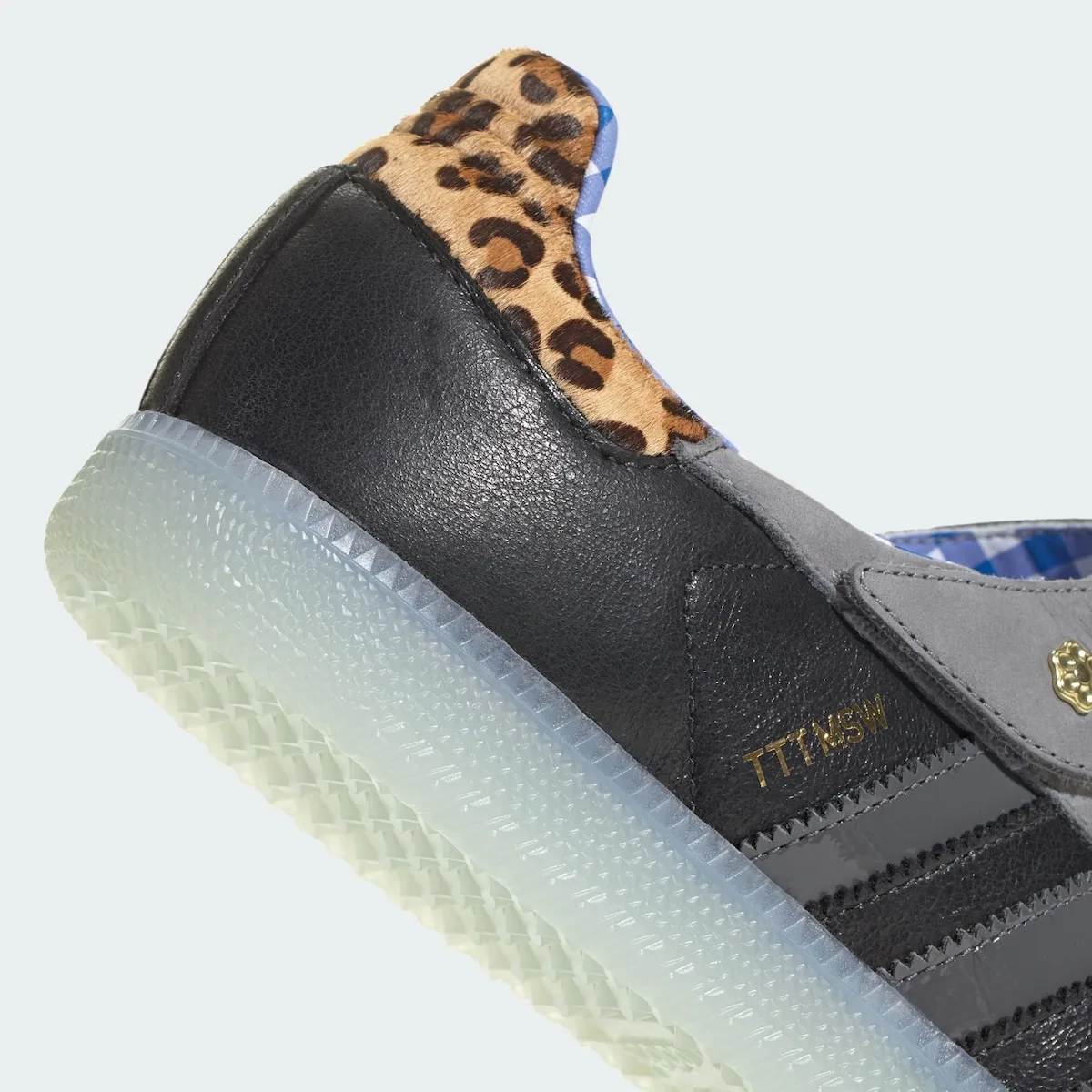 close-up of heel, leopard-print panel with blue gingham lining, x TTT MSW