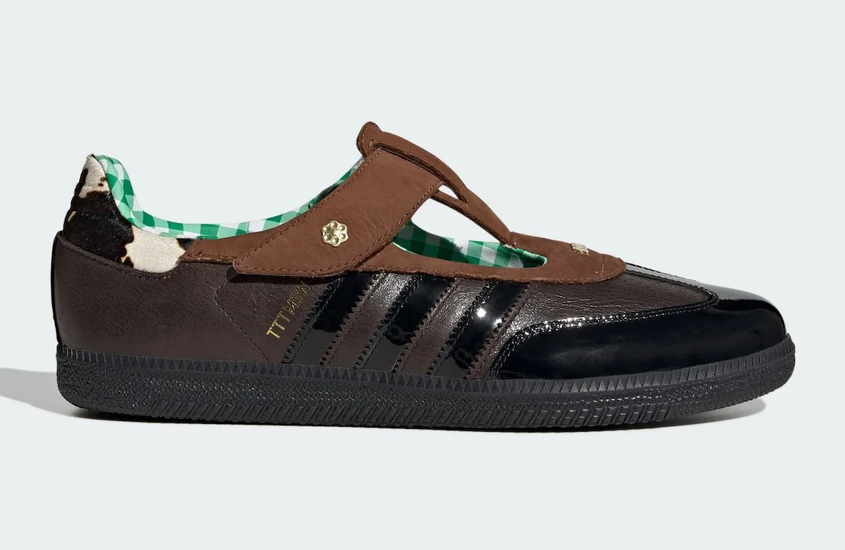 angled lateral view, brown strap over black patent toe, cow-print heel panel, x TTT MSW