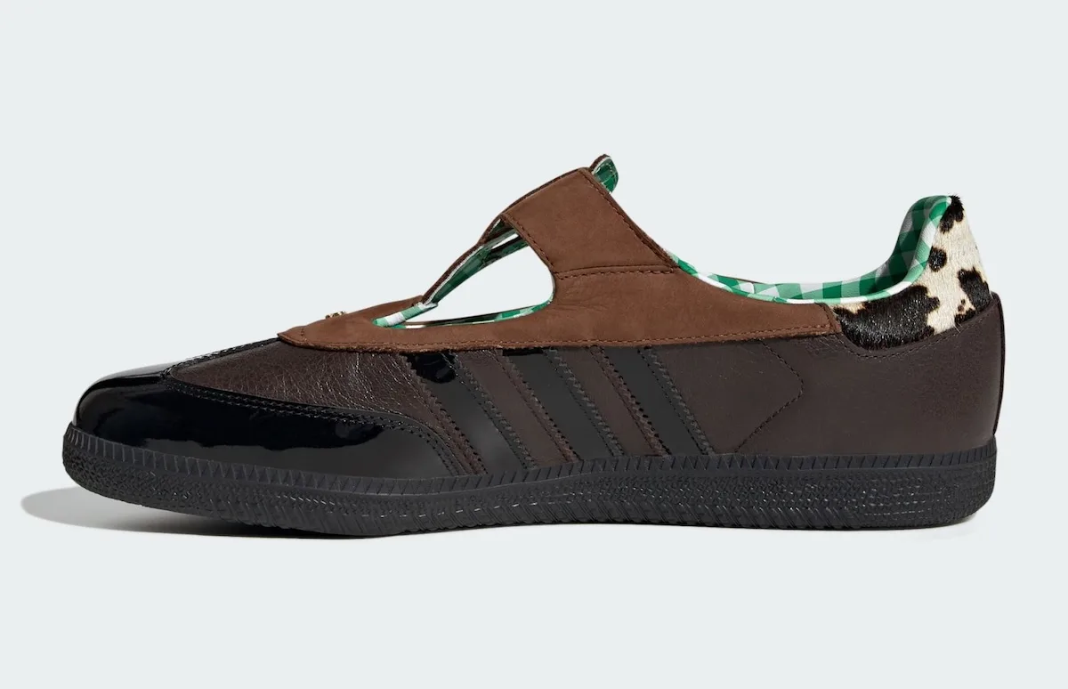 lateral view, brown suede strap over black patent toe, green gingham lining, x TTT MSW
