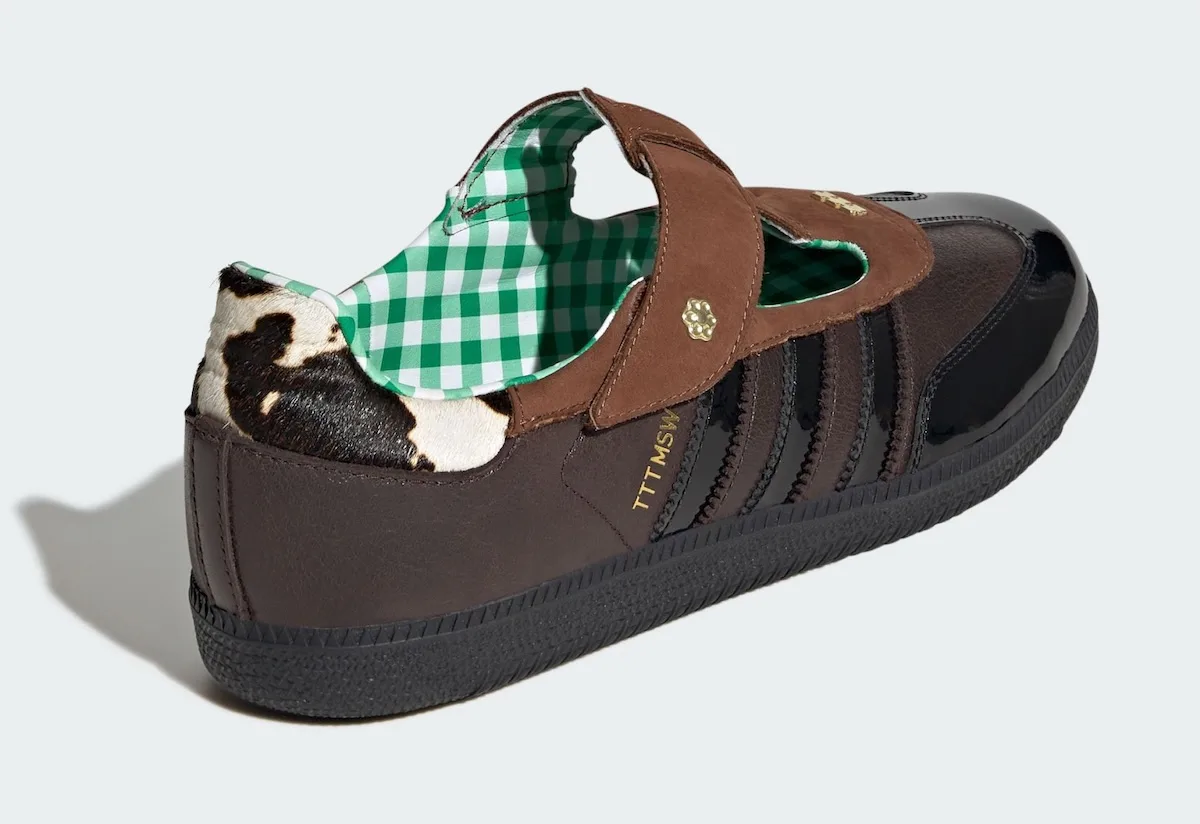 rear three-quarter view, cow-print heel panel and green gingham lining, x TTT MSW