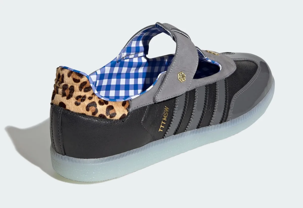 rear three-quarter view, leopard-print heel panel and blue gingham lining, x TTT MSW