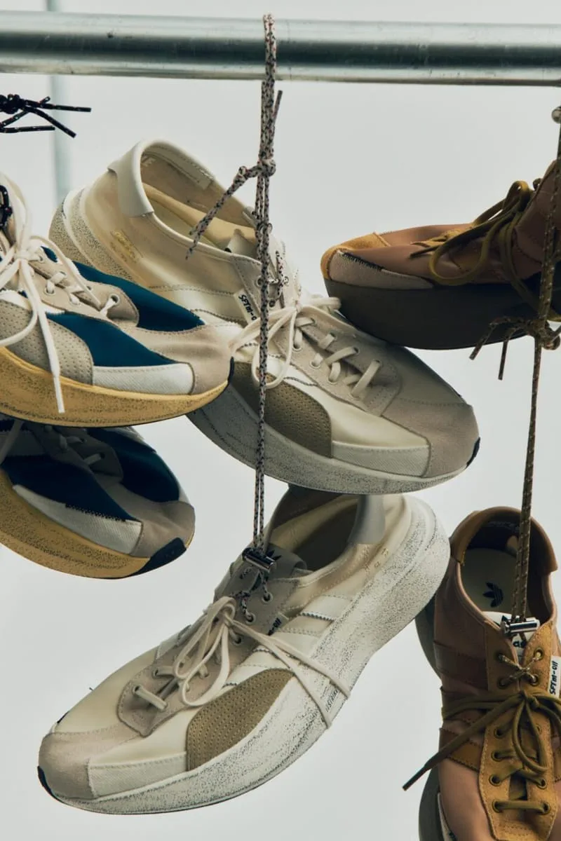 hanging cream, teal-yellow and tan multi-material sneakers on a rail, PRO SFTM 011)
