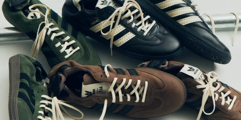 overhead view of green, black and brown sneakers with cream laces bundled, PRO SFTM 011)
