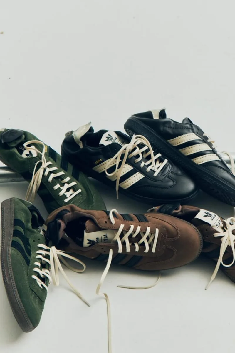 four pairs stacked outdoors: black, brown and two green suede sneakers, PRO SFTM 011)