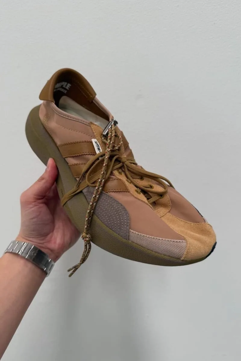 in-hand medial view, tan and camel mixed materials with zip-pull laces, PRO SFTM 011)