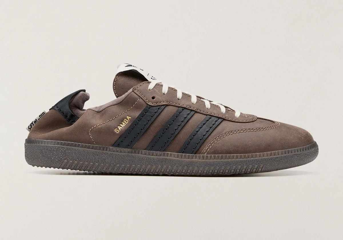 lateral view, brown suede Samba with gold SAMBA text and black heel tab, SL 72 Pro)