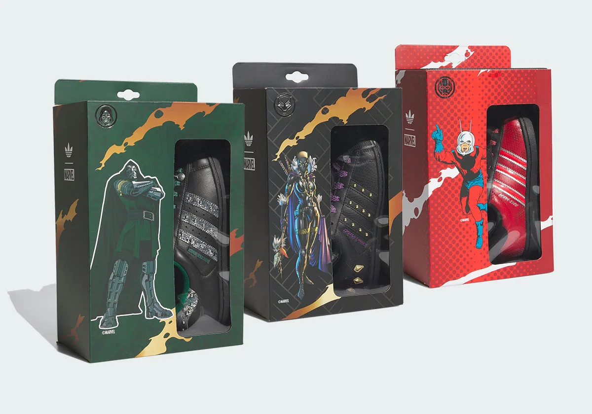 three retail boxes with character art in green, black and red colourways, adidas Superstar “Avengers: Doomsday” Pack